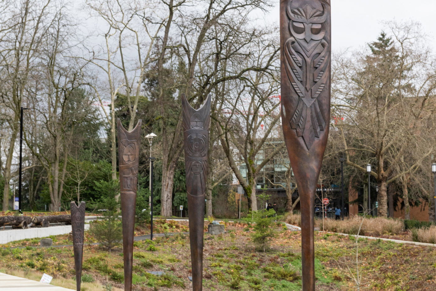 The paddles stand sentinel outside the Burke Museum.