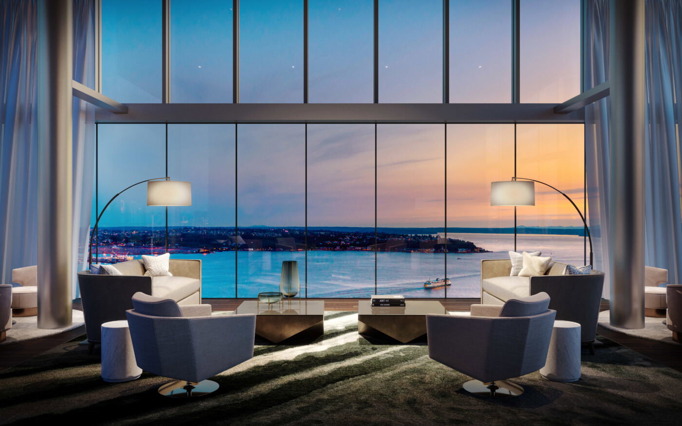 With unobstructed views of Puget Sound and the Olympic Mountains, the Olympic Room features an indoor-outdoor lounge, media room, culinary-inspired kitchen, and outdoor fire pits and al fresco dining to enjoy the beauty of snow-capped mountains or summer sunsets.