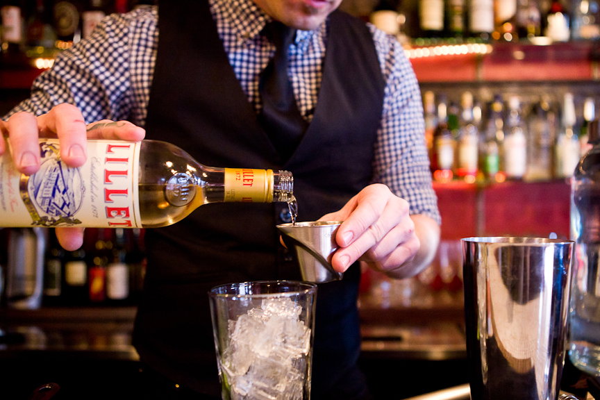 Here’s West making a drink of his own creation. The Bonne Chance contains London Dry gin, Lillet Blanc, orange bitters, and a balsamic reduction. Photo: Lucas Anderson