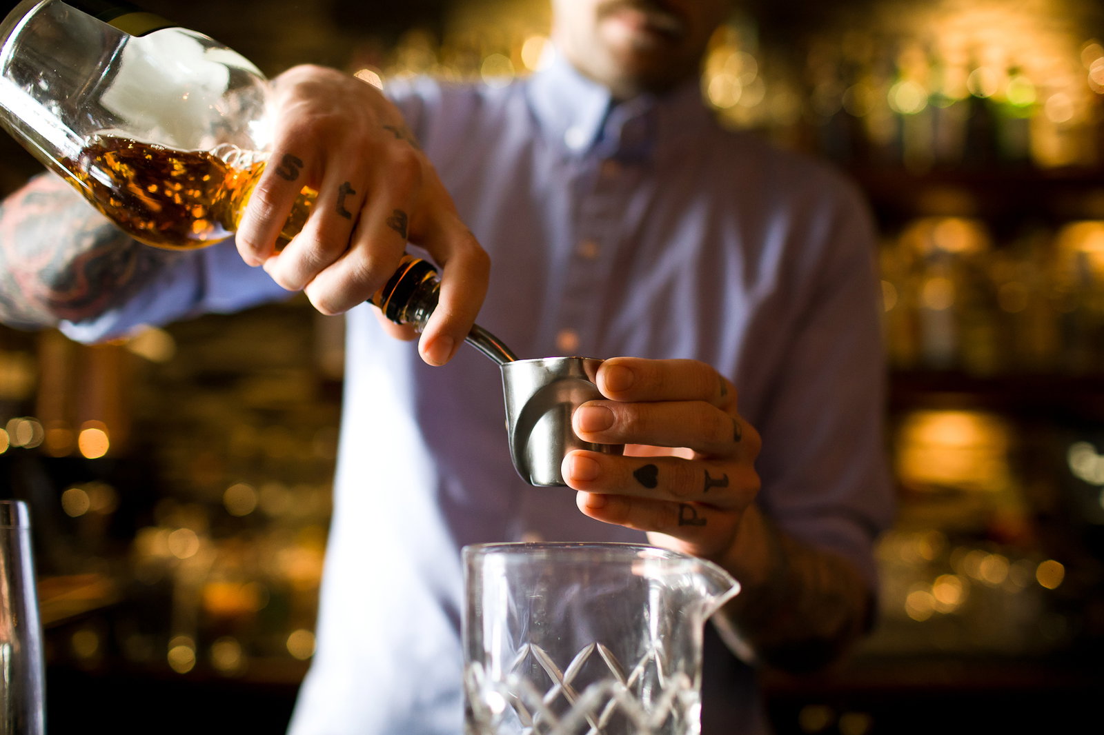 Trickey begins with two ounces of bourbon and ½ ounce of Averna amaro. Photo: Lucas Anderson