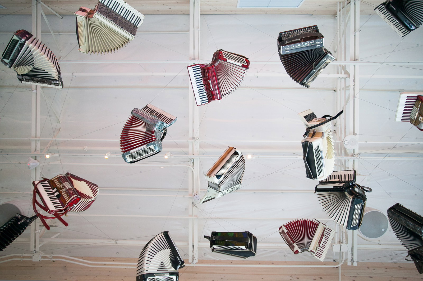 Accordions hang the length of the space. Chihuly’s father and brother both played the instrument, which spurred him to start this particular collection.
