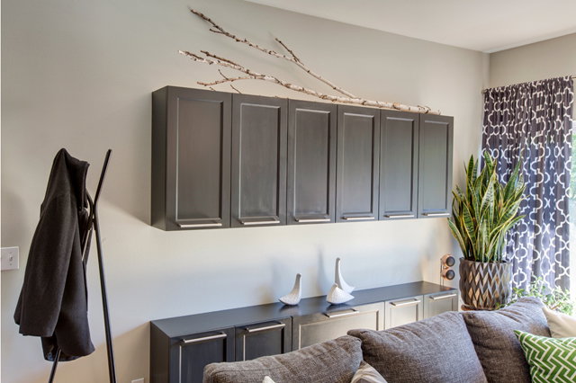 Custom cabinets provide storage but keep a slim profile at only 12 inches deep.