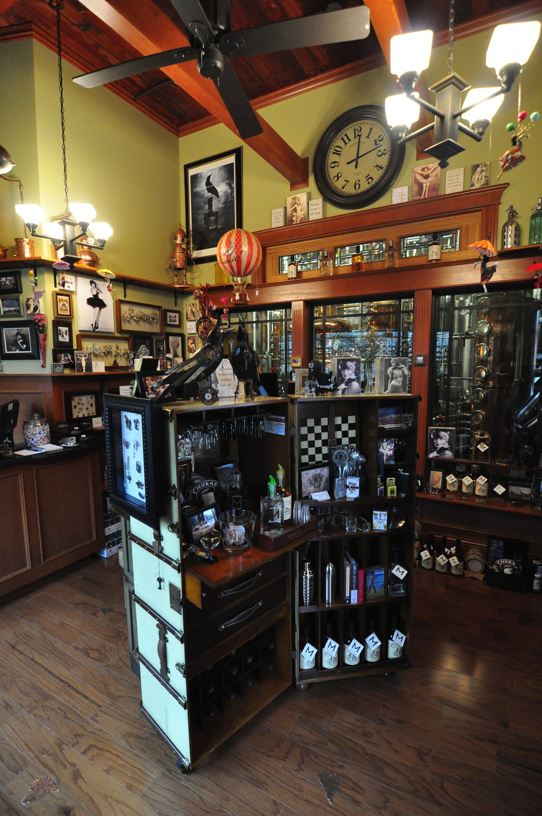 The aesthetic of the distillery and tasting room is a bit eclectic, but all the parts mesh together. Sherlock used to build floating homes and he brought that Arts and Crafts workmanship to the tasting room. Combined with an affinity for steampunk (stemming from Sherlock’s love for Jules Verne), you get the detail-packed room you see here. They also have a thing for flappers: There are four "Mischief Girls" who pose for pinup-style pics. It’s retro, classy, and fun.