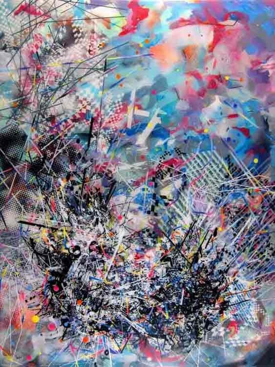 Image courtesy Mark Schoening/Platform Gallery.Mark Schoening, snowcrash, 2012, acrylic, latex, spray paint, silkscreen ink, and resin on panel, 40 × 30 in.