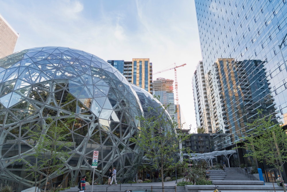 Amazon Spheres with crane in background