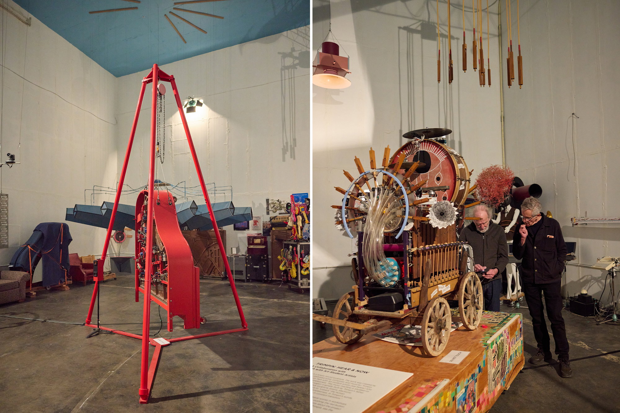 A gallery for sound sculpture Trimpin, located inside the Mighty Tieton warehouse.